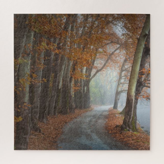 Puzzle Misty Fall Trees Country Road Travel Adventure (Vertical)
