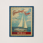 Puzzle Mobile Sailboat Vintage Travel Alabama<br><div class="desc">This Greetings From Mobile Alabama vintage travel nautical design features a boat sailing on the water with seagulls and a blue sky filled with gorgeous puffy white clouds.</div>