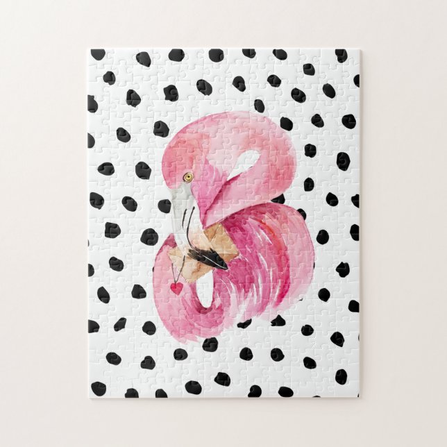 Puzzle Modern Exotic Pink Watercolor Flamingo & Dots (Vertical)