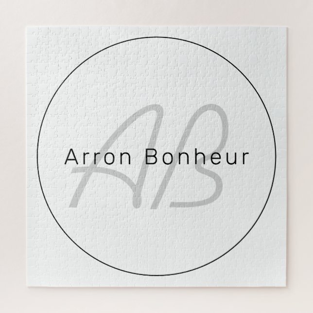 Puzzle Moderne Blanc Gris & Noir | Nom Cool & Monogramme (Vertical)