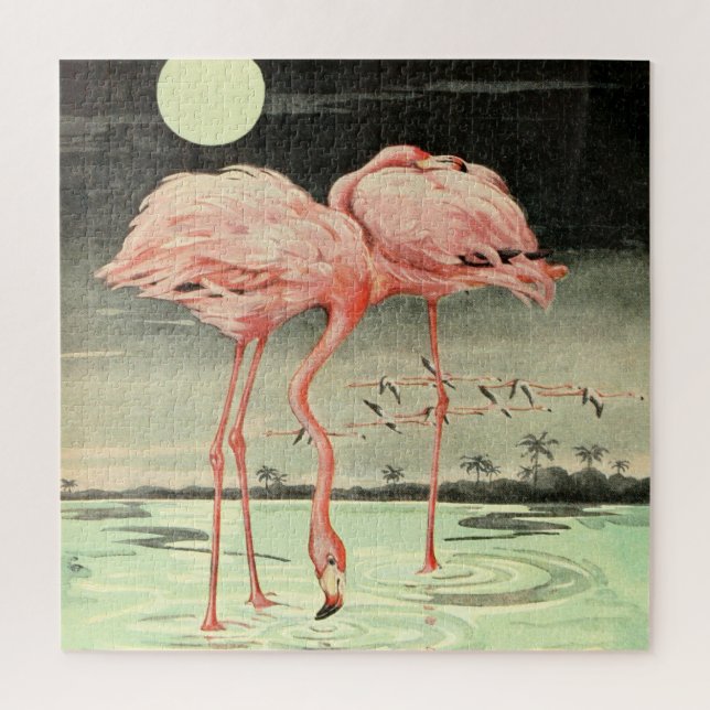 Puzzle Moderne Cute Vintage Rose Bird Flamant rose et Lun (Vertical)