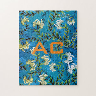 Puzzle Moderne Monogramme Bleu Floral Chic
