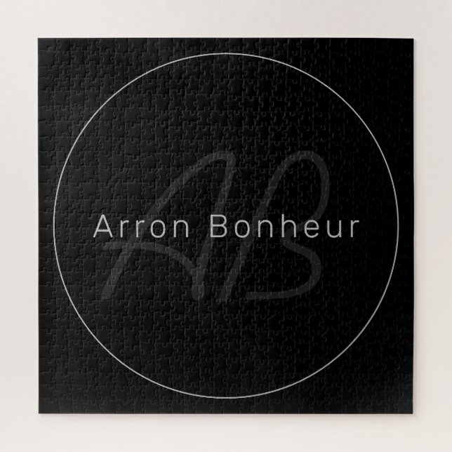 Puzzle Moderne Noir & Gris | Nom et Monogramme Cool (Vertical)