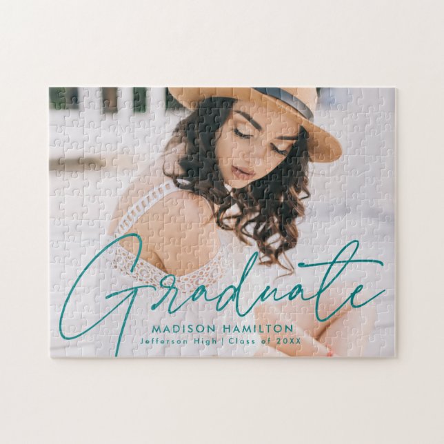 Puzzle Moderne Turquoise Script photo Graduation (Horizontal)