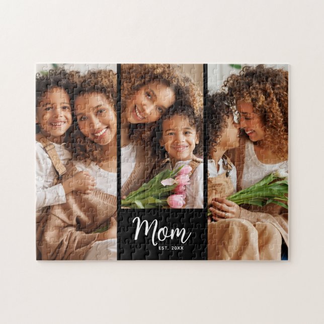 Puzzle Mom Established Date Script 3 Photo Bold Modern (Horizontal)