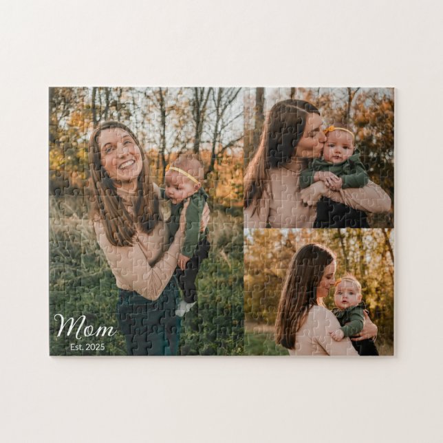 Puzzle Mom Established Elegant Script Black 3 Photo (Horizontal)