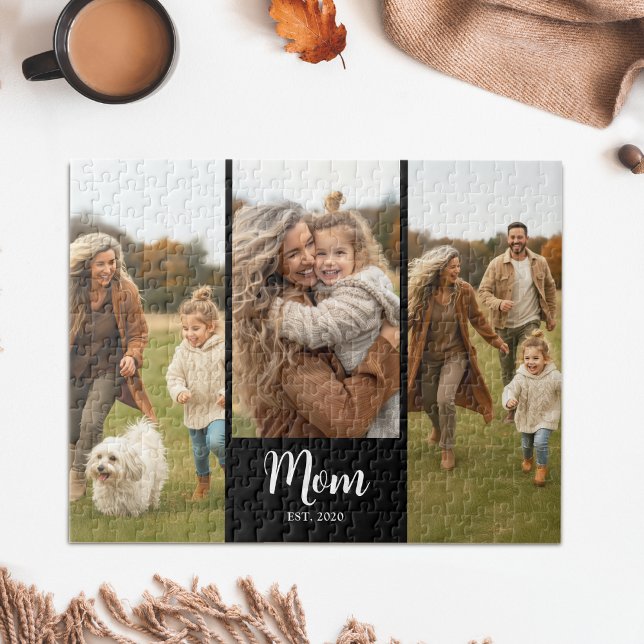 Puzzle Mom Established Modern Script 3 Photo Black (Mom established script text with 3 of your favorite photos)