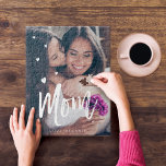 Puzzle Mom Script & Hearts Overlay Modern Photo Family<br><div class="desc">Capture a special family memory or occasion with our beautiful personalized family photo jigsaw puzzle. The design features a full photo of the layout. "Mom" is displayed in a beautiful trendy brush script white overlay. Make a special family memory with this fun family jigsaw puzzle. Perfect as a gift for...</div>