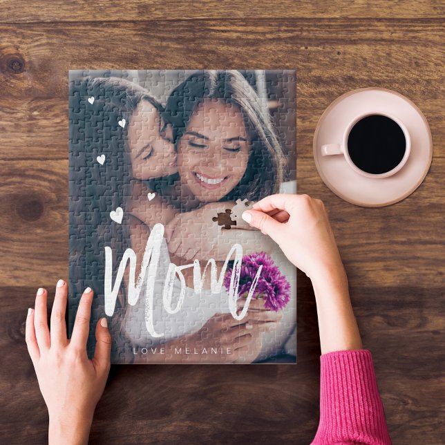 Puzzle Mom Script & Hearts Overlay Modern Photo Family (Mom Script & Hearts Overlay Modern Photo Family Jigsaw Puzzle)