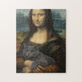 Puzzle Mona Lisa Holding Elegant Gray Cat                