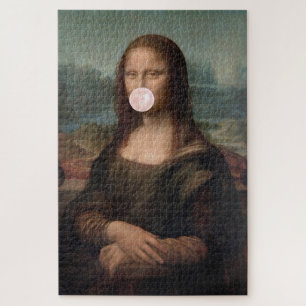 Puzzle Mona Lisa soufflant un bubble gum rose
