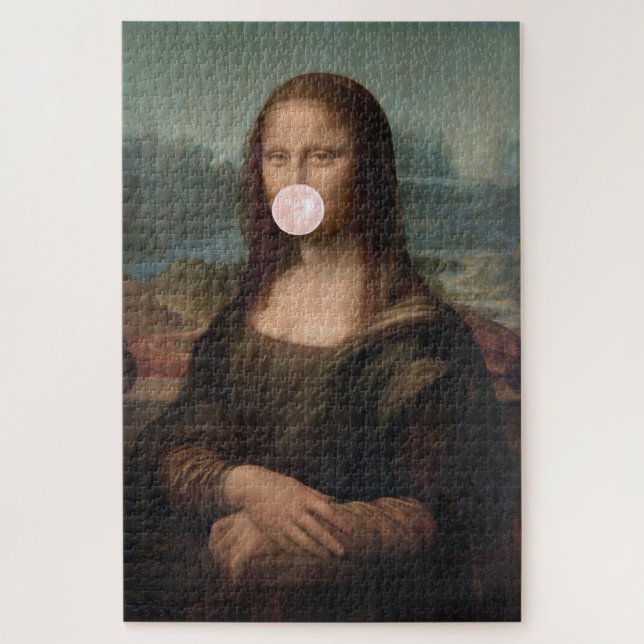 Puzzle Mona Lisa soufflant un bubble gum rose (Vertical)