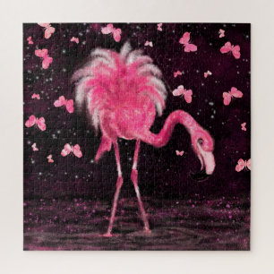 Puzzle Monde rose - Flamant rose et papillons - Dessin d'