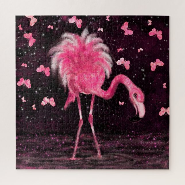 Puzzle Monde rose - Flamant rose et papillons - Dessin d' (Vertical)