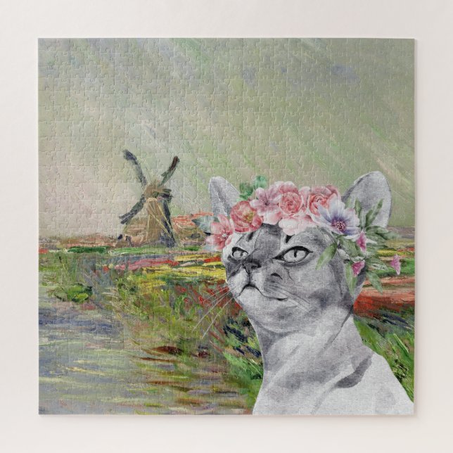Puzzle Monet Champ Tulipes et Chat fantaisie (Vertical)