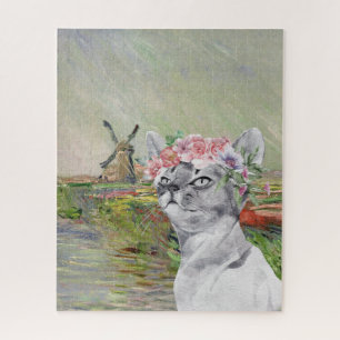 Puzzle Monet Champ Tulipes et Chat fantaisie