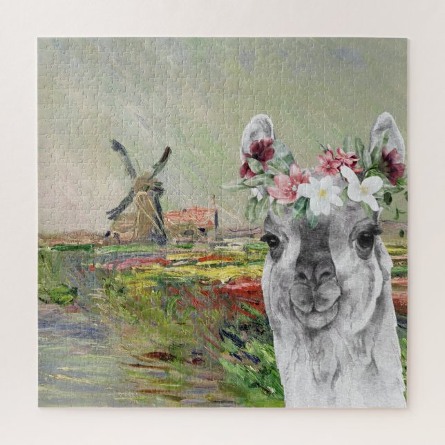 Puzzle Monet Champ Tulipes et Fancy Llama (Vertical)