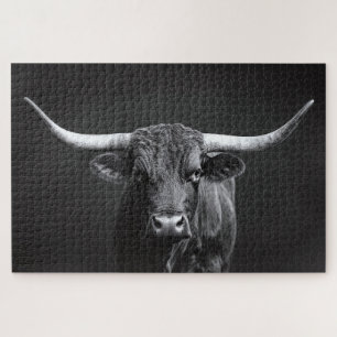 Puzzle Monochrome Longhorn Steer Cattle