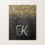 Puzzle Monogramme à étincelle noire à Parties scintillant<br><div class="desc">Personnalisez facilement ce design élégant et branché de puzzle avec une jolie parties scintillant dorée brillante sur un arrière - plan métallique brossé noir.</div>