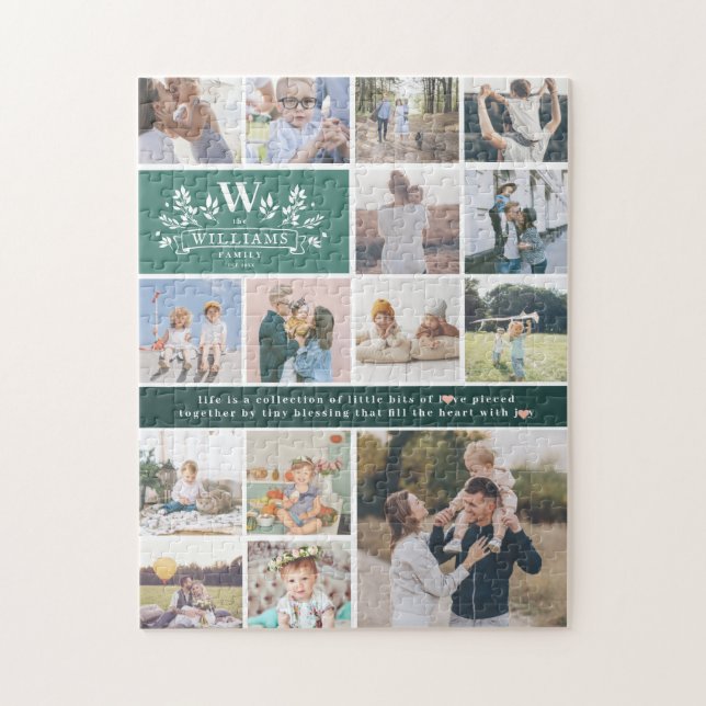 Puzzle Monogramme de nom de famille | 15 Collage de photo (Vertical)