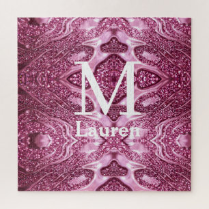 Puzzle monogramme de nom girly abstrait métallisé rose