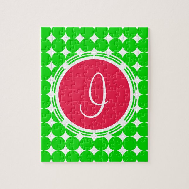Puzzle Monogramme de point de polka rouge et vert (Vertical)