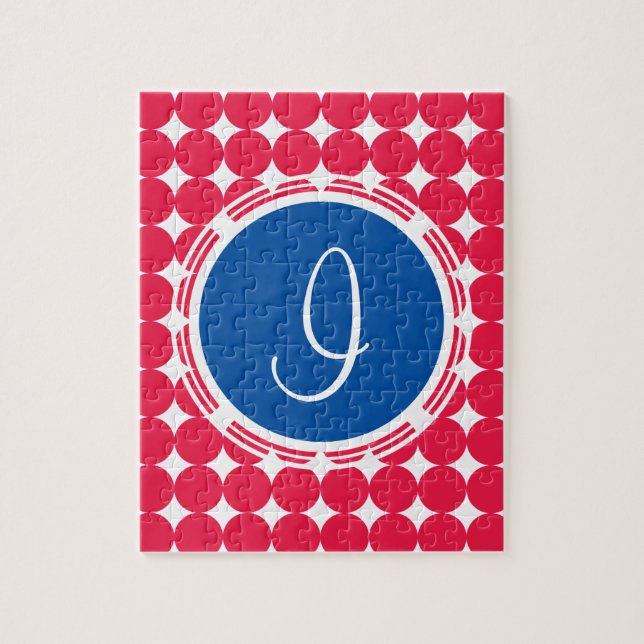 Puzzle Monogramme de point Polka bleu et rouge (Vertical)