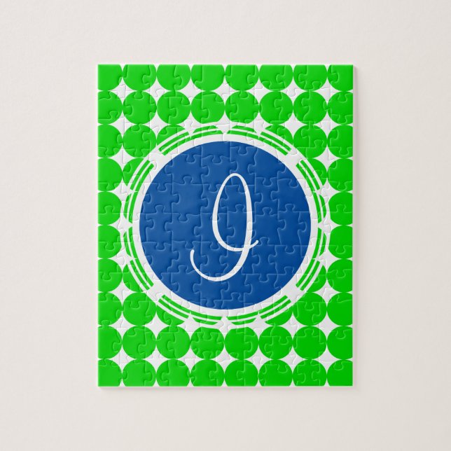 Puzzle Monogramme de point Polka bleu et vert (Vertical)