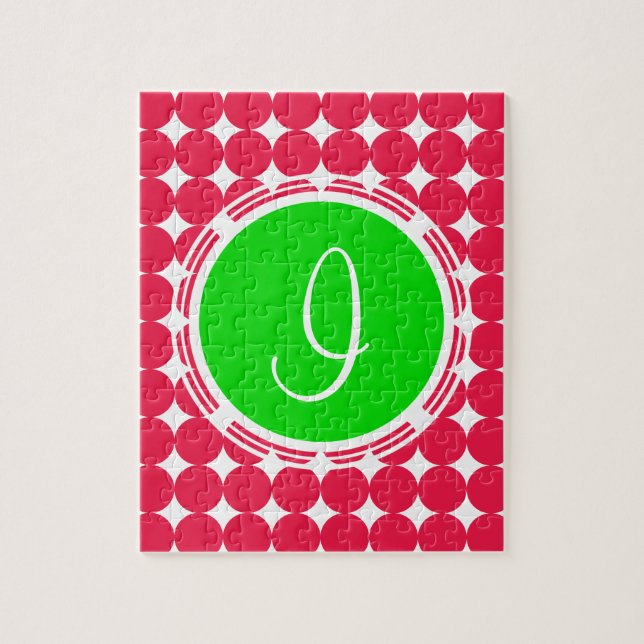Puzzle Monogramme de point Polka vert et rouge (Vertical)