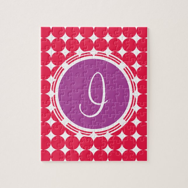 Puzzle Monogramme de point Polka violet et rouge (Vertical)
