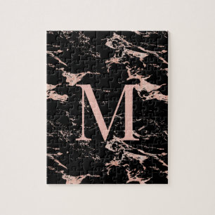 Puzzle Monogramme de Rose Gold Foil en marbre noir de lux