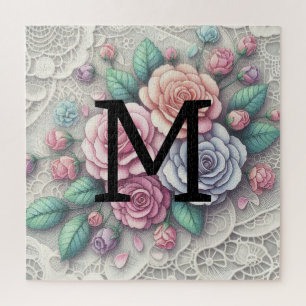Puzzle Monogramme dentelle floral rose violet bleu roses