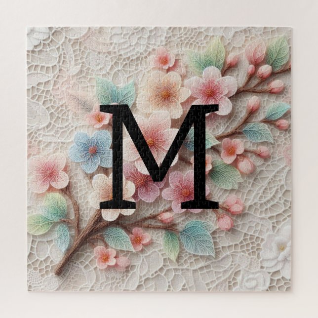 Puzzle Monogramme dentelle rose floral pastel fleurs de c (Vertical)