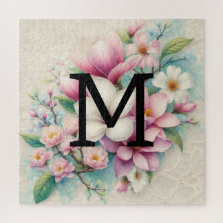 Puzzle Monogramme dentelle rose violet fleurs de magnolia