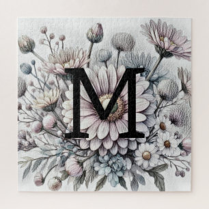 Puzzle Monogramme floral dessin rose gerbera marguerites