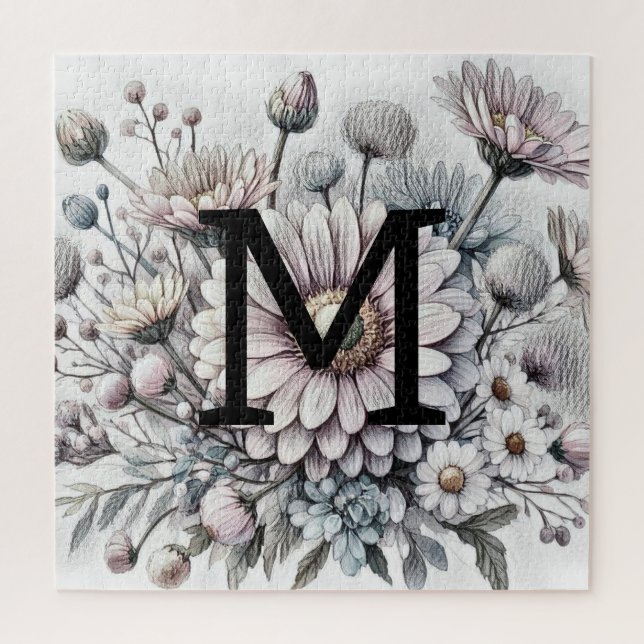 Puzzle Monogramme floral dessin rose gerbera marguerites (Vertical)