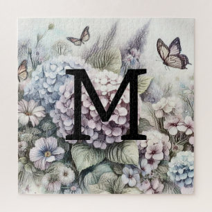 Puzzle Monogramme floral dessin rose purge hydrangées