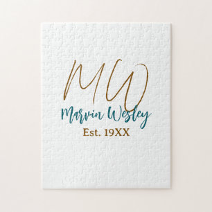 Puzzle Monogramme marron bleu turquoise année simple mini