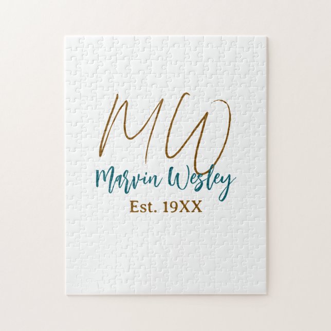 Puzzle Monogramme marron bleu turquoise année simple mini (Vertical)