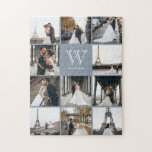 Puzzle Monogramme Moderne 9 Photo Collage Dusty Blue<br><div class="desc">Ajoutez 11 photos de votre famille ou jour de mariage et ajoutez votre monogramme personnalisé. Tout le monde s'amusera à assembler ce puzzle.</div>