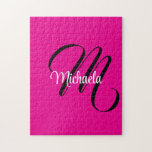 Puzzle Monogramme moderne minimaliste nom initial rose ch<br><div class="desc">Monogramme moderne minimaliste nom initial noir blanc. Nom personnalisé personnalisable avec une initiale cursive derrière sur une couleur rose chaud.</div>