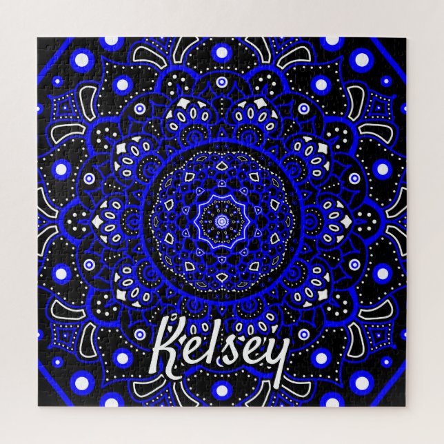 Puzzle Monogramme Motif Mandala bleu, noir et blanc (Vertical)
