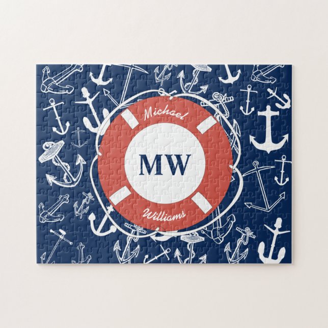 Puzzle Monogramme nautique Ancre bleu marine Motif (Horizontal)