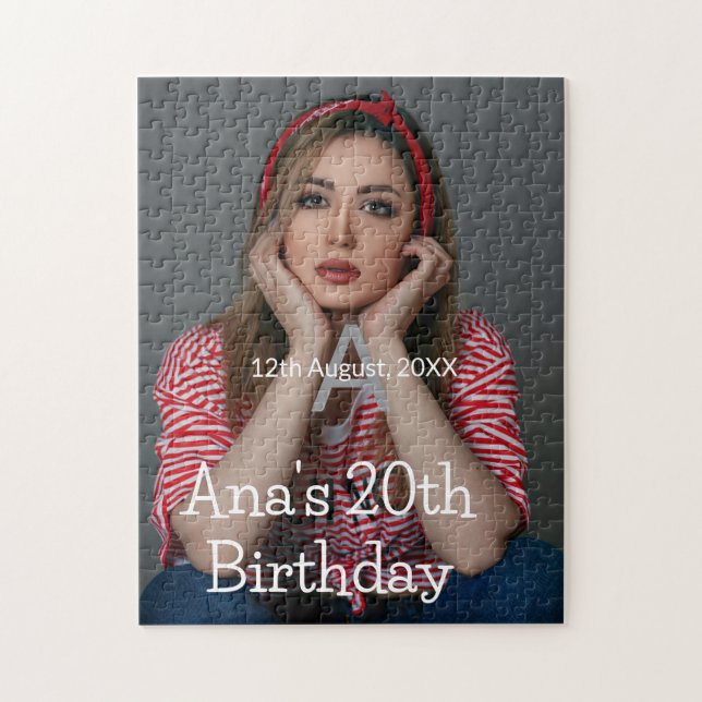 Puzzle Monogramme photo joyeux 20e anniversaire gris blan (Vertical)
