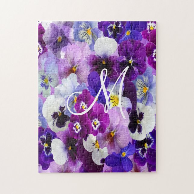 Puzzle Monogramme Purple Bleu Pansy Blanc Fleurs Florales (Vertical)