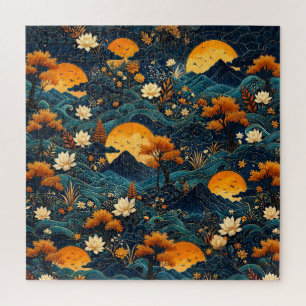 Puzzle Montagne de Lune Dorée Motif Floral de Lotus sous