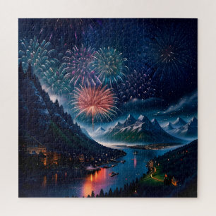 Puzzle Montagne Twilight avec feux d'artifice