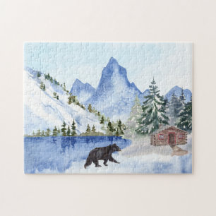 Puzzle Montagnes, Lac, Arbres, Cabine, Bear Winter Scene