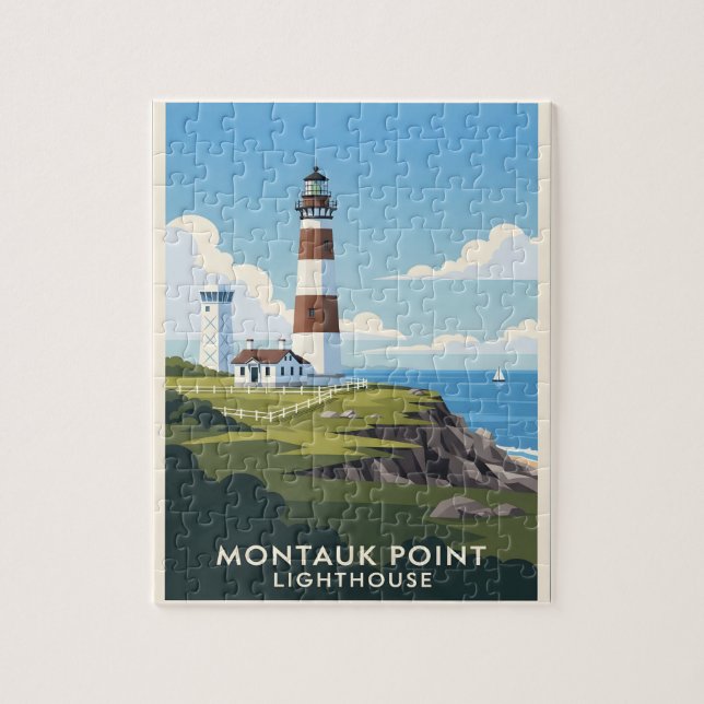Puzzle Montauk Point Lighthouse, Coastal Cliff & Sailboat (Vertical)