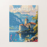 Puzzle Montreux Suisse Travel Art Vintage<br><div class="desc">Montreux design de déplacement vectoriel rétro. Montreux est une station balnéaire traditionnelle située sur le lac Léman. Niché entre des collines escarpées et le lac.</div>